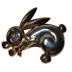 Vintage Bunny Rabbit Brooch Pin Pendant‎ Large Animal Jewelry Silver Plated 3 in